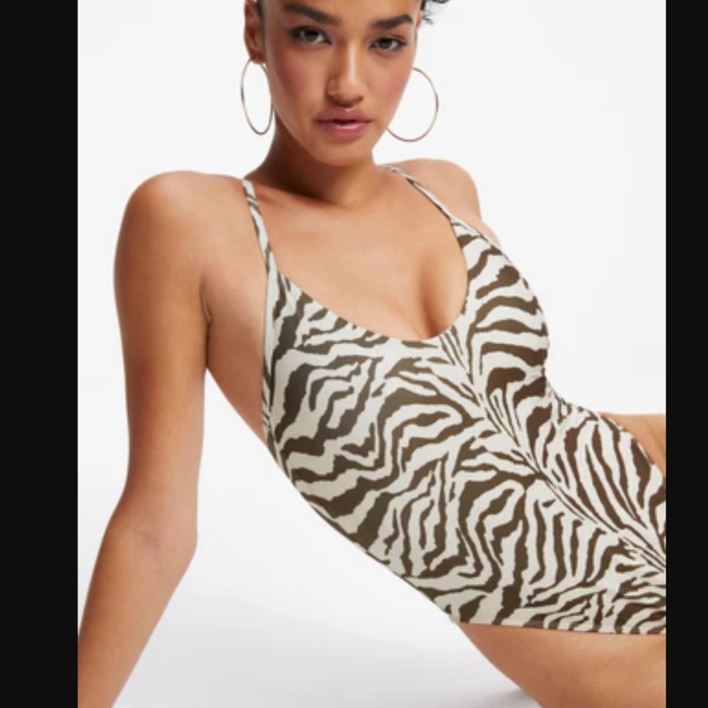 Good American Zebra-Print One-Piece Swimsuit in Cream and Brown